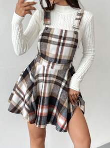 SHEIN EZwear Plaid Print Overall Dress Without Sweater - Multicolor - View 4