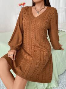 Flirla Plus Cable Knit V Neck Sweater Dress, For Winter Fall Cloth For Women