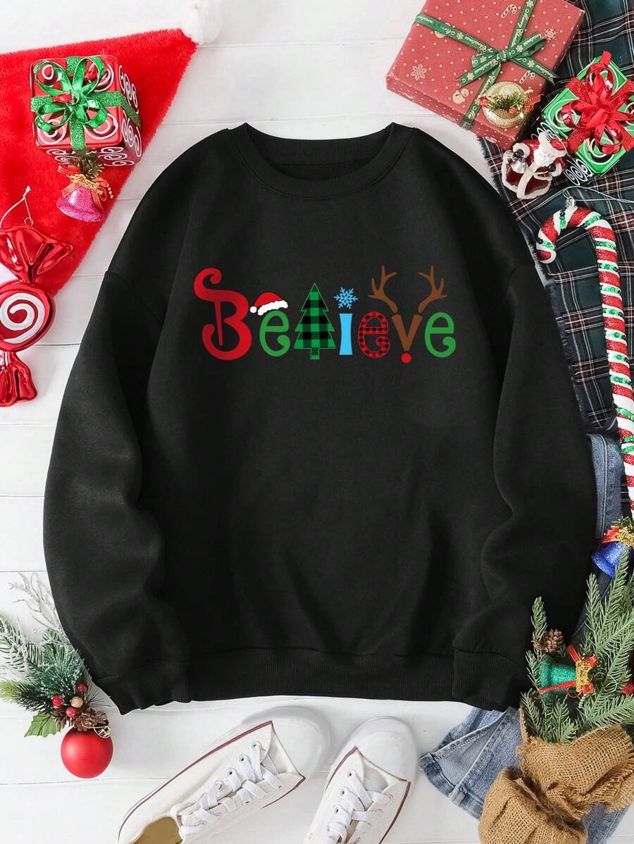 SHEIN EZwear In Giáng sinh Lót nhiệt Áo nỉ - màu đen - Xem 1