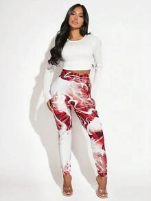 SHEIN SXY 女款圖案印花寬腰帶彈性腰打底褲