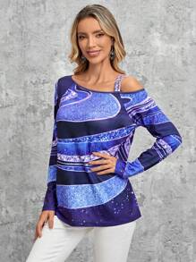 EMERY ROSE Asymmetrical Neck Graphic Print Tee - Blue - View 3