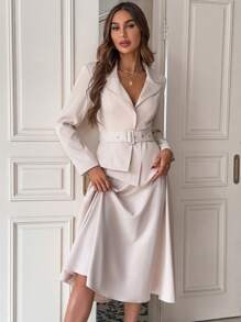 Firerie Peak Collar Buckle Belted Blazer & Flare Skirt In Fall/Winter - Apricot - View 4