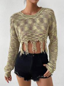 SHEIN Unity 太空染色落肩做旧短款针织套头衫秋冬毛衣 - 墨綠色 - 查看 4