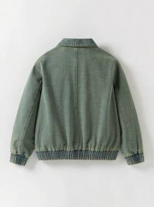 Tween Boy Contrast Collar Zipper Denim Jacket - Dark Wash - View 2