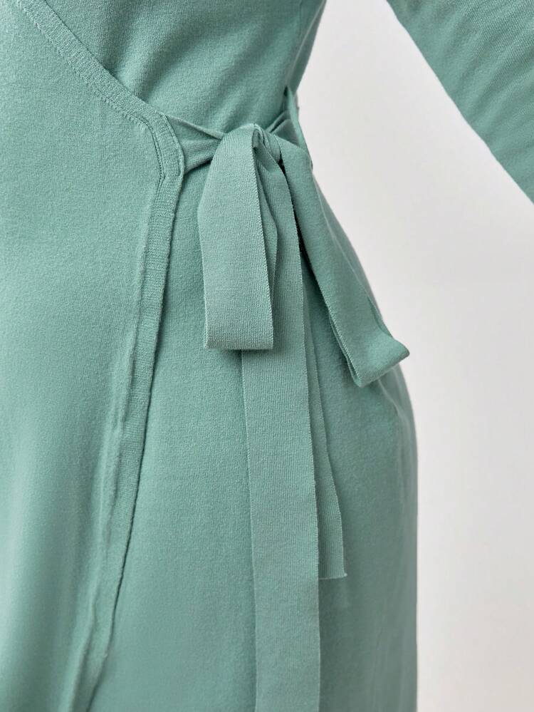 Plus Wrap Knot Side Ribbed Knit Sweater Dress