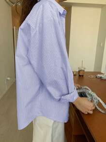 DAZY 竖条纹落肩口袋贴布衬衫，秋季女装长袖上衣 - 寶藍色 - 查看 2