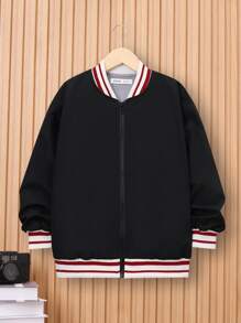 SHEIN 男大童標語和卡通圖案條紋飾邊落肩袖夾克 - 黑色 - 查看 3