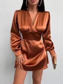 SHEIN Cottnline Solid V Neck Satin Dress - Camel - View 3