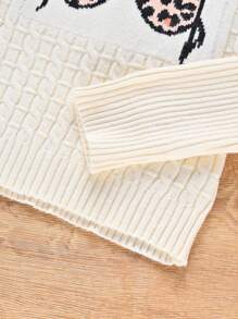 SHEIN 女大童人像圖案高領套頭毛衣 - 米色 - 查看 7