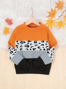 SHEIN 女孩豹紋圖案撞色落肩袖套頭毛衣 - 彩色 - 查看 1