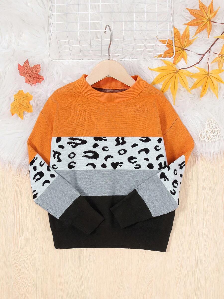 SHEIN 女孩豹紋圖案撞色落肩袖套頭毛衣 - 彩色 - 查看 1