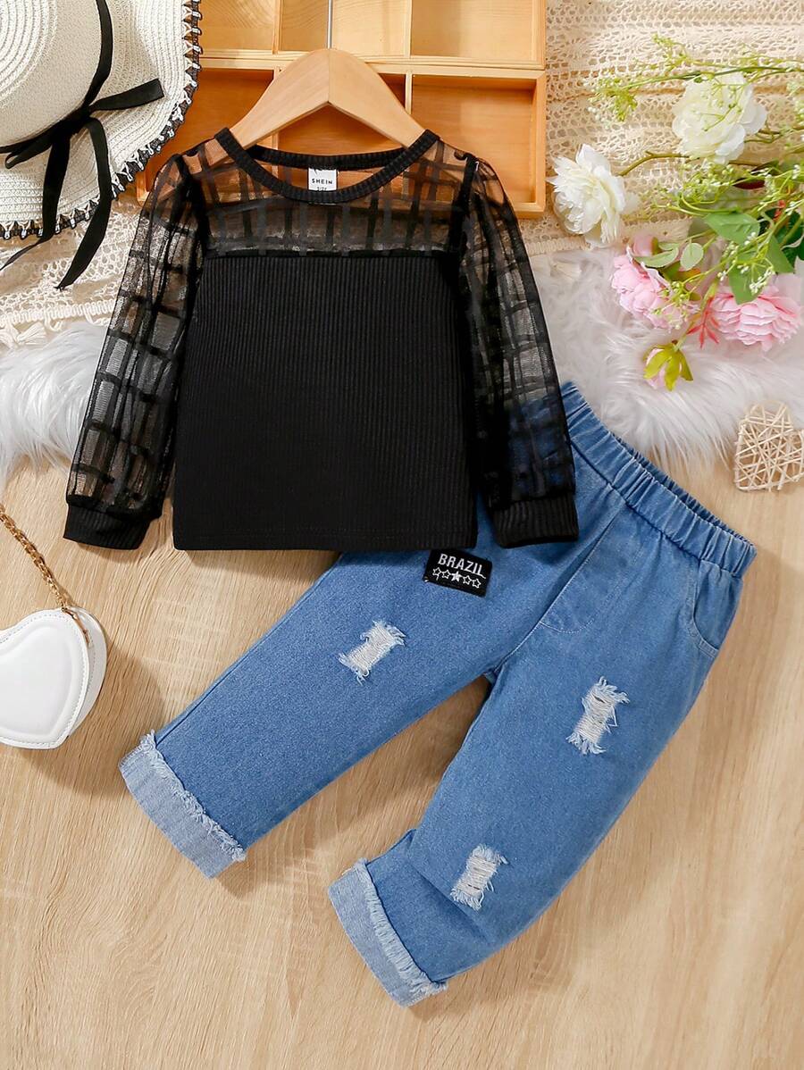 女嬰網紗拼接T恤和破洞補丁貼牛仔褲 - 黑色 - 查看 1