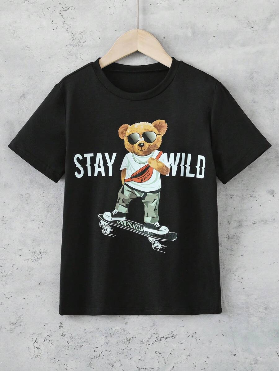 SHEIN Tween Boy Bear & Letter Graphic Tee