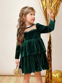 SHEIN Young Girl Knit Round Neck Velvet Contrast Mesh Tight Fitting Princess Dress, Mommy And Me Matching Outfits
