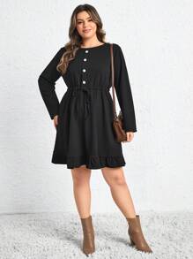 SHEIN LUNE Plus Size Solid Drawstring Waist Ruffle Hem Dress - Black - View 5