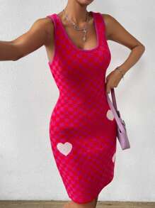 SHEIN LUNE Tank Strickkleid mit Karo & Herz Muster, - Pink - Übersicht 4