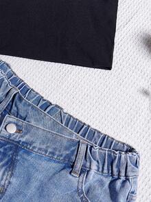 Quần Short Denim Trùm Eo Cô Gái Tuổi Teen Rách Hem Nguyên - Rửa trung bình - Xem 3