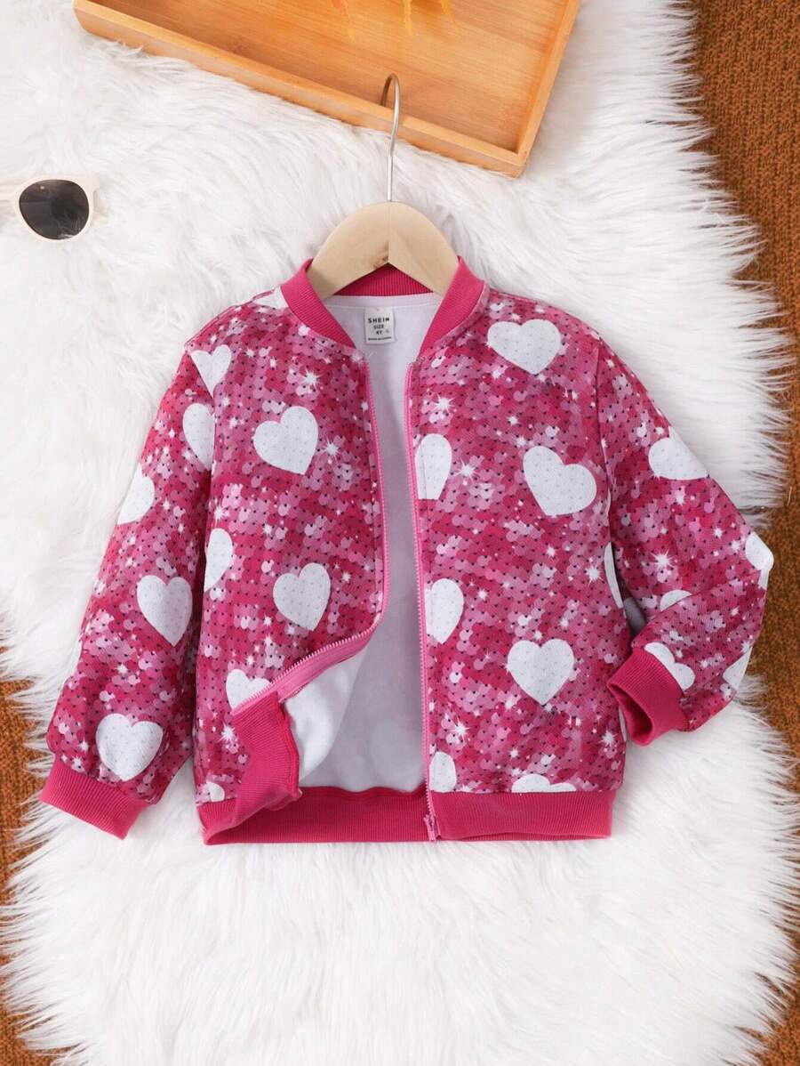 SHEIN Young Girl Heart Print Bomber Jacket - Pink - View 1