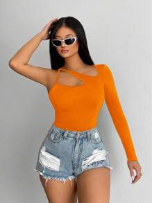 SHEIN SXY Solid One Shoulder Cut Out Asymmetrical Neck Tee - Orange - View 4