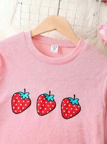 Tween Girl Embroidery Strawberry Pattern Tee & Pants PJ Set