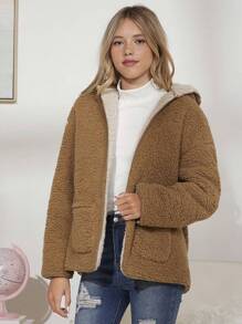 Teen Girl Dual Pocket Drop Shoulder Hooded Teddy Coat - Brown - View 5