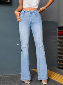 SHEIN ICON Seamed Flare Leg Jeans - Medium Wash - View 3