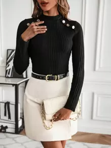 EMERY ROSE Button Detail Mock Neck Tee Fall Cloth For Women - Black - View 3