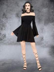 一字肩荷葉袖連衣裙 - 黑色 - 查看 4