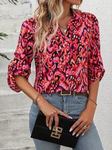 Chiquease Allover Print Roll Tab Sleeve Blouse - Multicolor - View 4