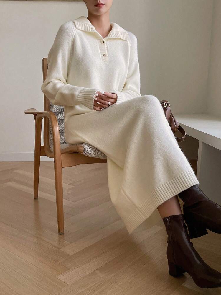 Polo Neck Raglan Sleeve Split Hem Sweater Dress