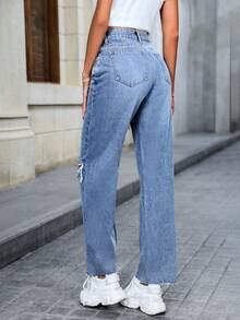 SHEIN Privé Rách Quần legging thẳng - Rửa trung bình - Xem 2