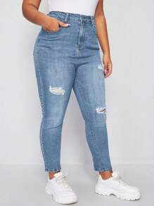 EMERY ROSE Plus High Waist Ripped Skinny Jeans - Light Wash - View 5