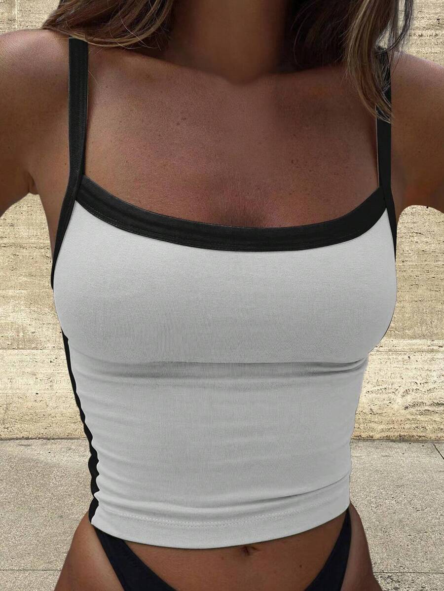 INAWLY Contrast Binding Cami Top Graphic Tees Women Tops - White - View 1