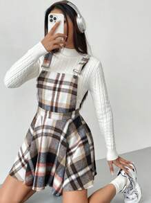 SHEIN EZwear Plaid Print Overall Dress Without Sweater - Multicolor - View 6