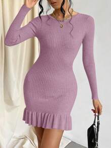 SHEIN Privé 荷葉邊緊身毛衣洋裝 - 淺灰紫 - 查看 6