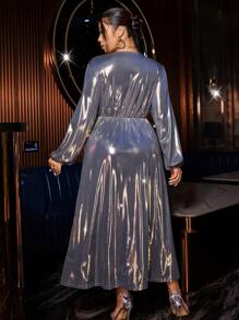 Allurite 大碼翻領燈籠袖開衩大腿金屬色洋裝 - 彩色 - 查看 2