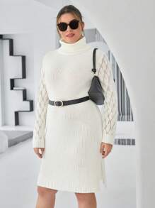 SHEIN Essnce Plus Turtleneck Pointelle Knit Split Hem Sweater Dress Without Belt