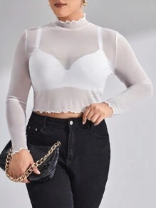 SHEIN Privé 大碼木耳邊小高領網紗上衣不附胸罩 - 白色 - 查看 4