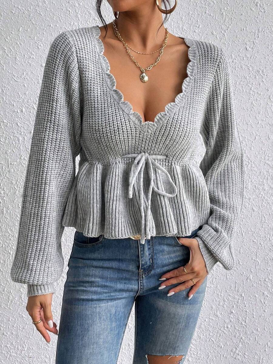 SHEIN MOD 秋冬扇贝边灯笼袖前结荷叶边毛衣 - 灰色 - 查看 1