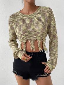 SHEIN Unity 太空染色落肩做旧短款针织套头衫秋冬毛衣 - 墨綠色 - 查看 5