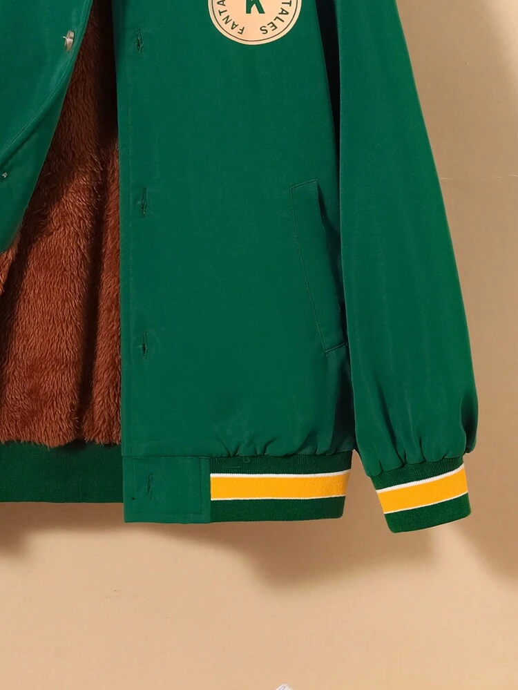 Tween Boy Bear Patched Striped Trim Drop Shoulder Teddy Lined Varsity Jacket