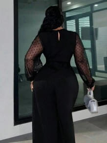 Slaydiva Slayr Plus Elegant Commute Solid Color Mesh Panel Crossover Collar Wide Leg Plus Size Women Long Jumpsuit - Black - View 2