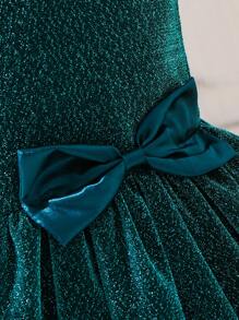 SHEIN Glamorique Kids Young Girl Asymmetrical Neck Bow Front Mesh Overlay Glitter Party Dress for Christmas - Green - View 5