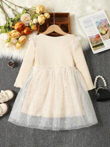 SHEIN Young Girl Sequin Star Pattern Contrast Mesh Hem Dress - Champagne - View 2