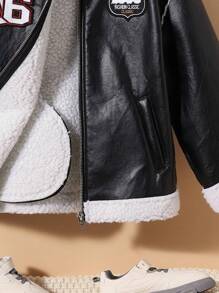 SHEIN Tween Boy Letter Patched Detail Teddy Lined PU Leather Coat,In Fall/Winter - Black - View 5