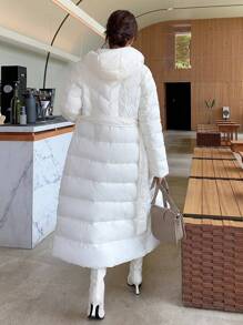 DAZY 女士休闲连帽拉链外套，带腰带，纽扣前襟，口袋，常规袖子，宽松白色纯色女式冬季外套，秋冬季保暖时尚，女士冬季外套 - 白色 - 查看 2