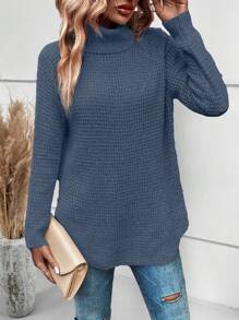 SHEIN Unity 高領插肩袖弧形下擺套頭毛衣 - 霧霾藍 - 查看 3