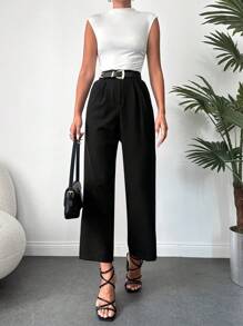 EURMUSE Solid Slant Pocket Straight Leg Pants Without Belt - Black - View 5