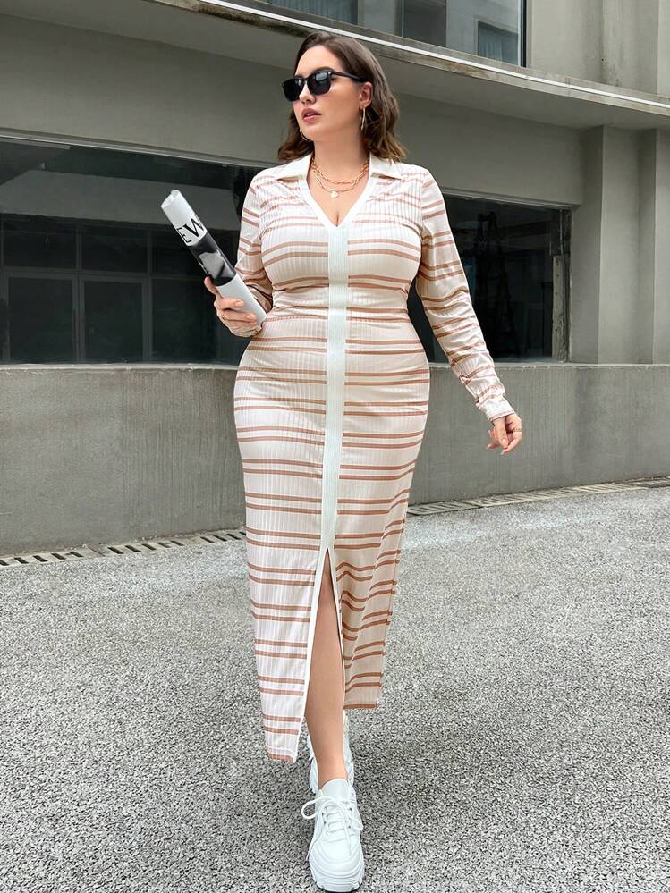 SHEIN Essnce Plus Striped Print Button Front Bodycon Dress - Multicolor - View 1