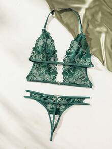 SHEIN Set de lencería con encaje floral con abertura - Verde Oscuro - Ver 2